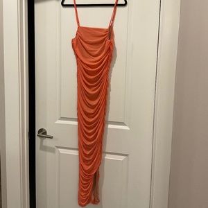 Orange stretchy cinched form fitting maxi dress, spaghetti strap